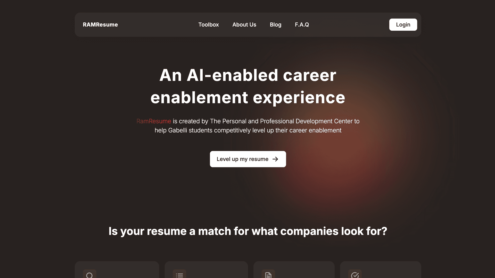 Screen shot of the landing page of RAMResume